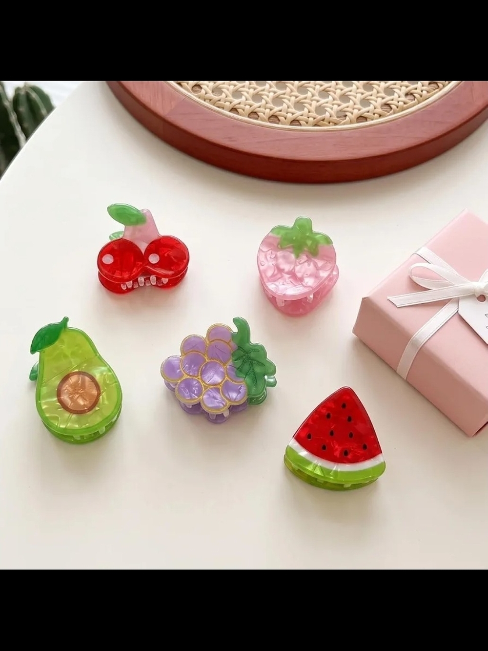 Fruit-Shaped Hair Clips Set - Pink, Red, Green, Purple